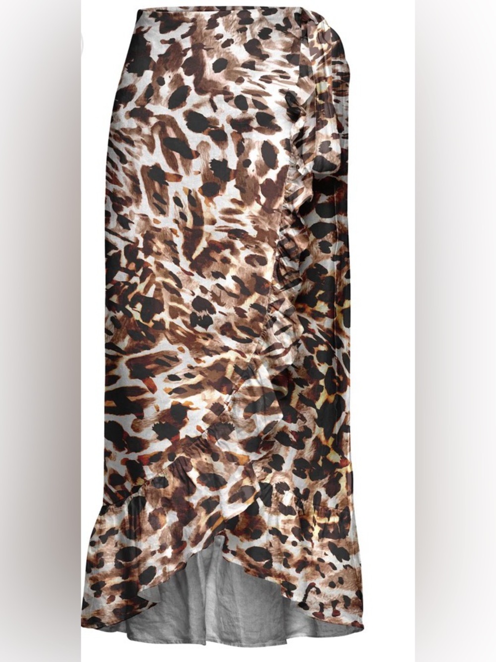 Animal-Print High-Low Ruffle Wrap Skirt - Brown